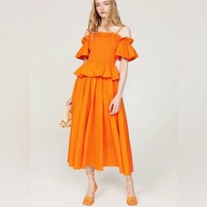 Toccin Women's Flounced Smocked Midi Dress Orange Ruffled Off Shoulder Size M